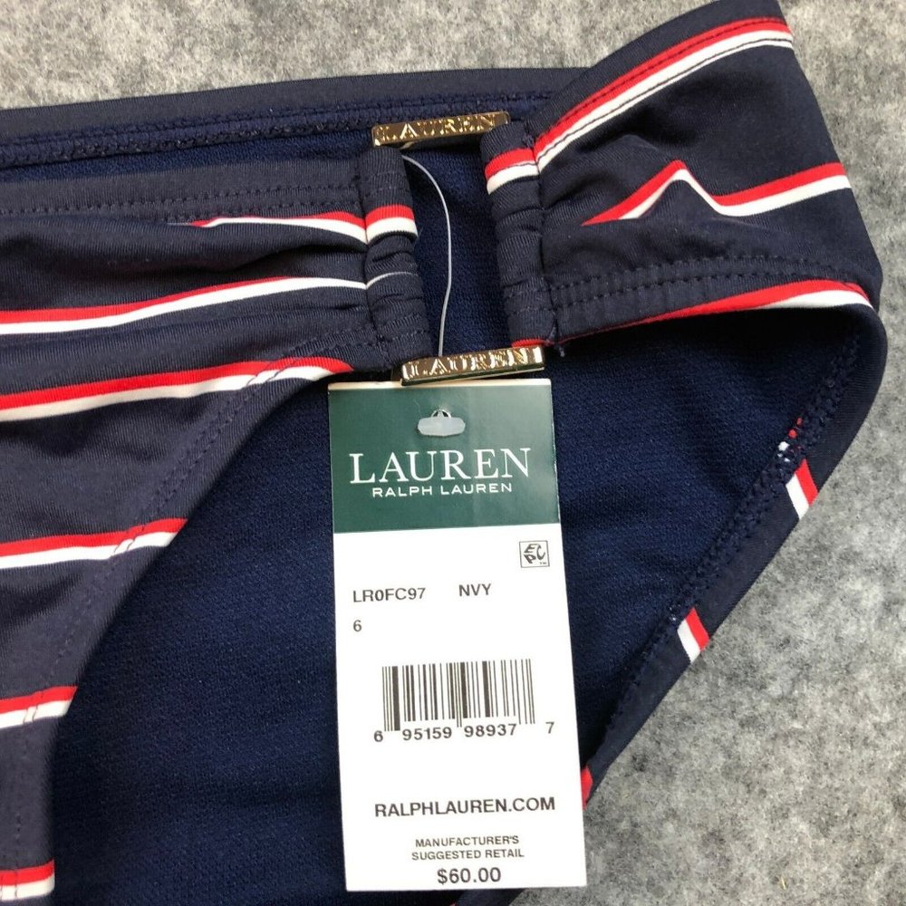 Lauren Ralph Lauren Bikini Bottom 6 Logo Hardware Hipster Patriotic Stripe Blue - Picture 2 of 10